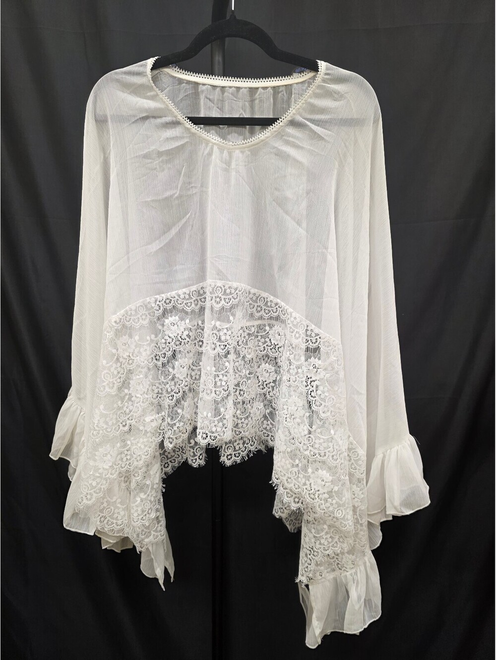 SHEER CHIFFON PONCHO TOP LACE BOHO WHITE SIZE S